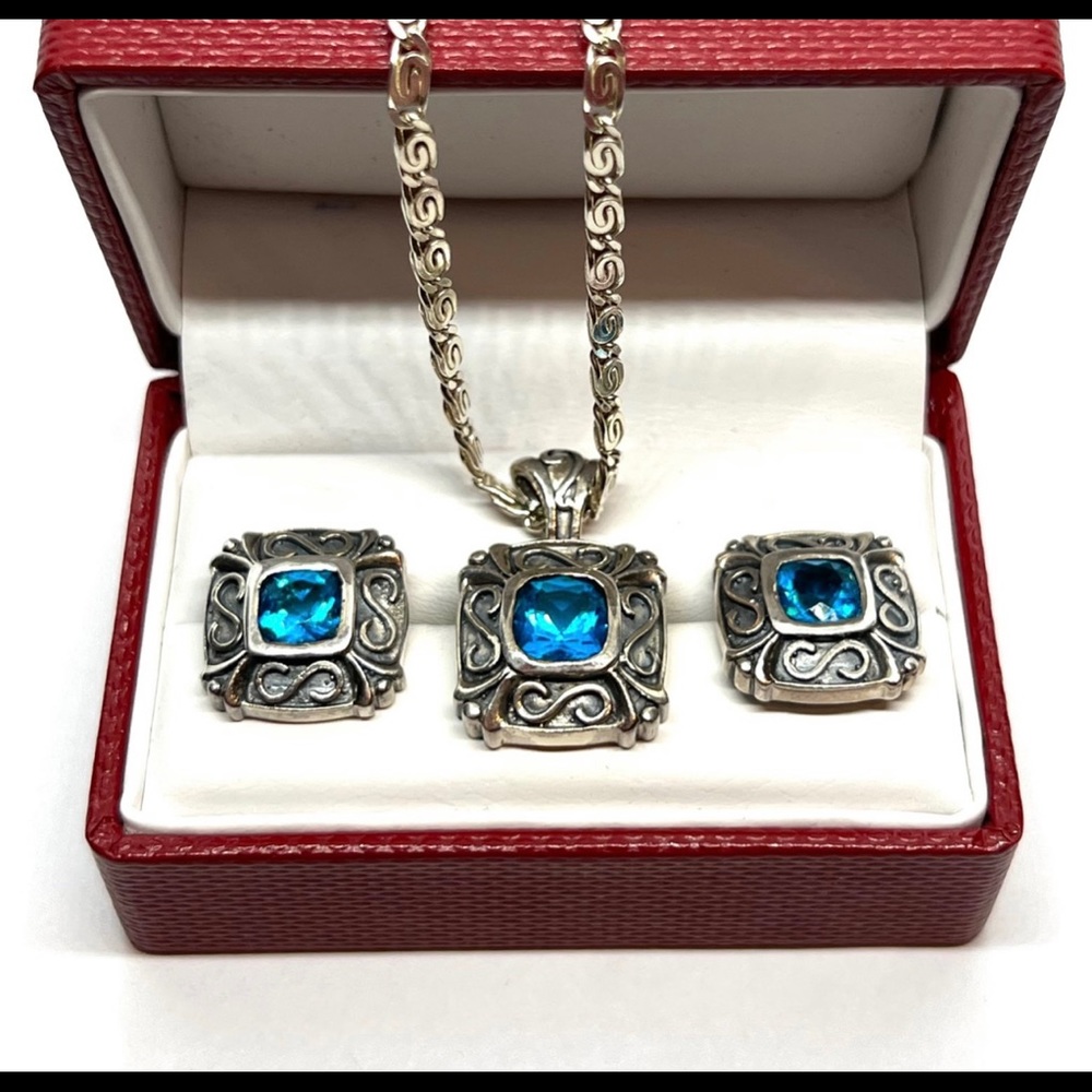 925 sterling silver set of earrings and necklace blue topaz stones - Picture 9 of 12
